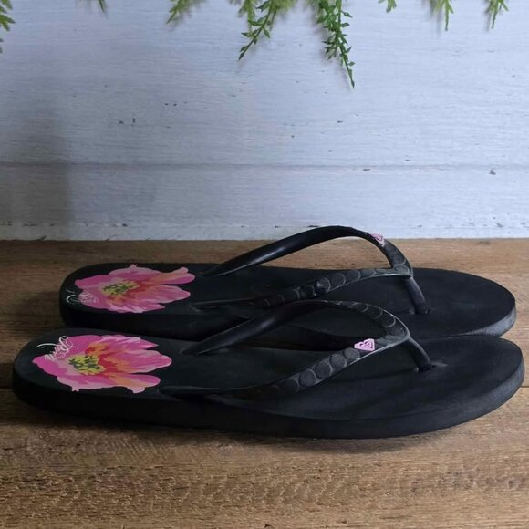 Size 8/9 Black with Pink & Orange Hibiscus Flower Roxy Flip Flop Sandals - Picture 2 of 4